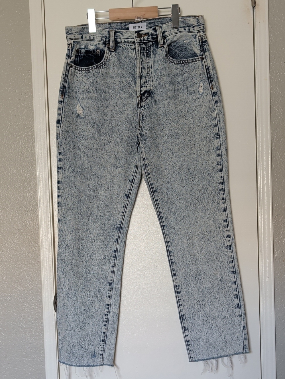 pistola Light Blue Acid Wash Mom Jeans with Distressed Hem Size 29